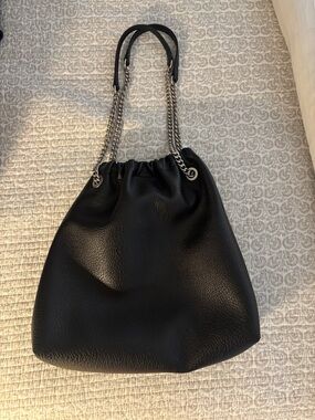 Black Drawstring Shoulder Bag with Chain Straps